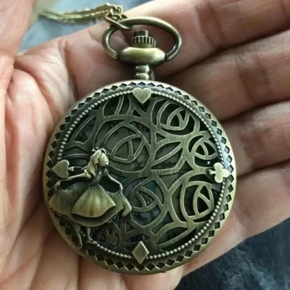 Alice in Wonderland Anime Style Face Bronze Pocket Watch and Chain NWT